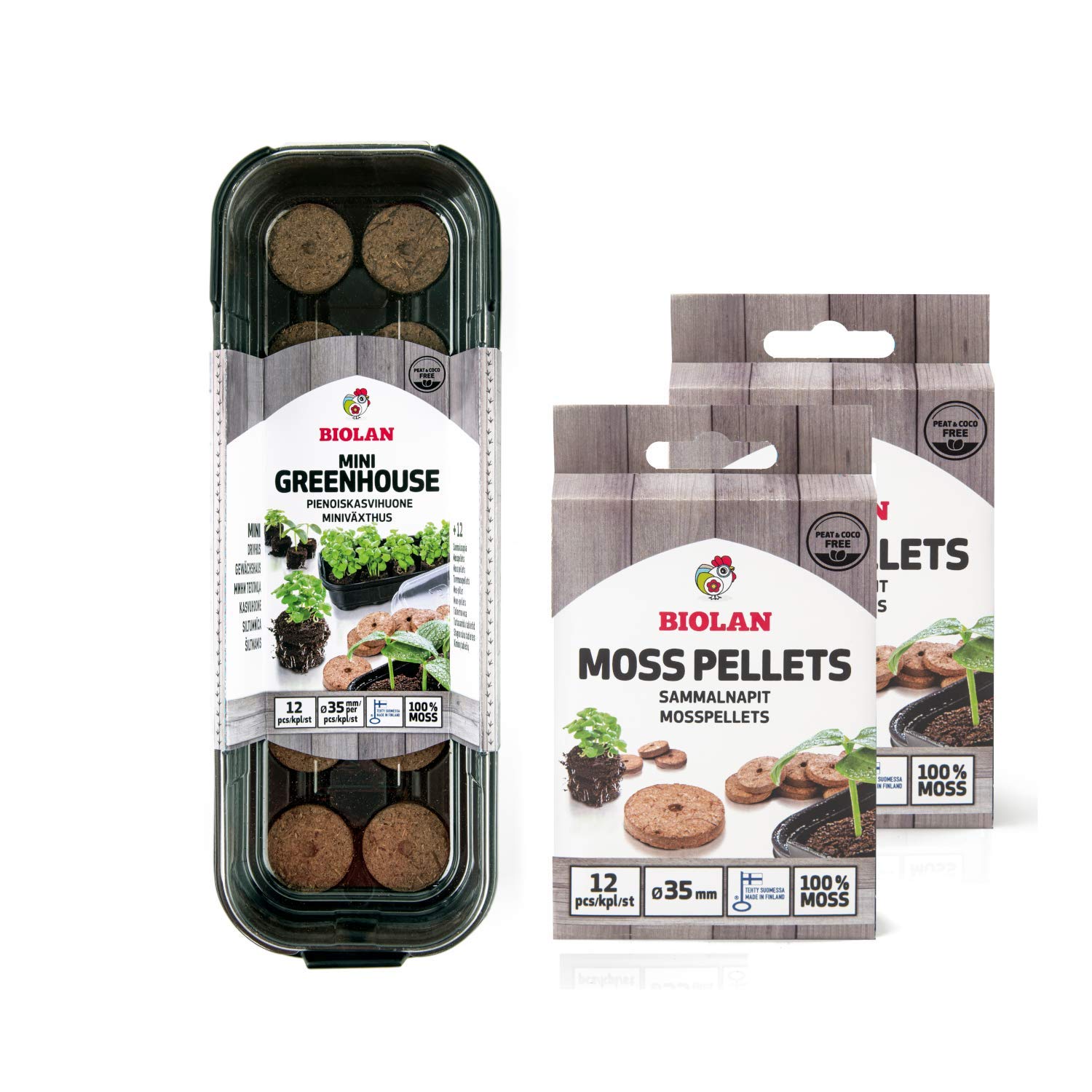 Biolan Mini Greenhouse - Propagator for 12 Seeds with 36 pcs of Peat-Free Sphagnum Moss Pellets for Seed Tray - Seed Propagators with Lids