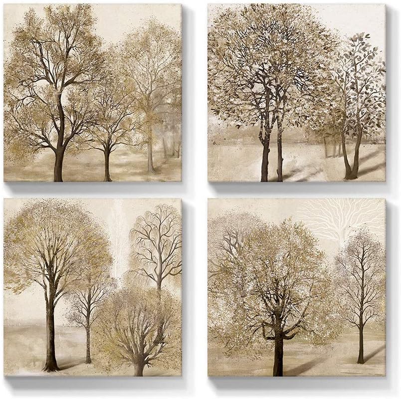 Talesay Tree Wall Art Canvas Tan Prints Farmhouse Autumn Forest Picture Artwork Natural Scenery Painting Fall Landscape Home Wall Decor for Living Room Bedroom Bathroom 12x12 Inch, 4 Panels