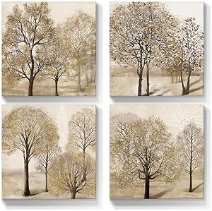 Talesay Tree Wall Art Canvas Tan Prints Farmhouse Autumn Forest Picture Artwork Natural Scenery Painting Fall Landscape Home Wall Decor for Living Room Bedroom Bathroom 12x12 Inch, 4 Panels