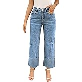 Cicy Bell Womens Wide Straight Leg Jeans High Waisted Trendy Cuffed Hem Distressed Vintage Denim Pants