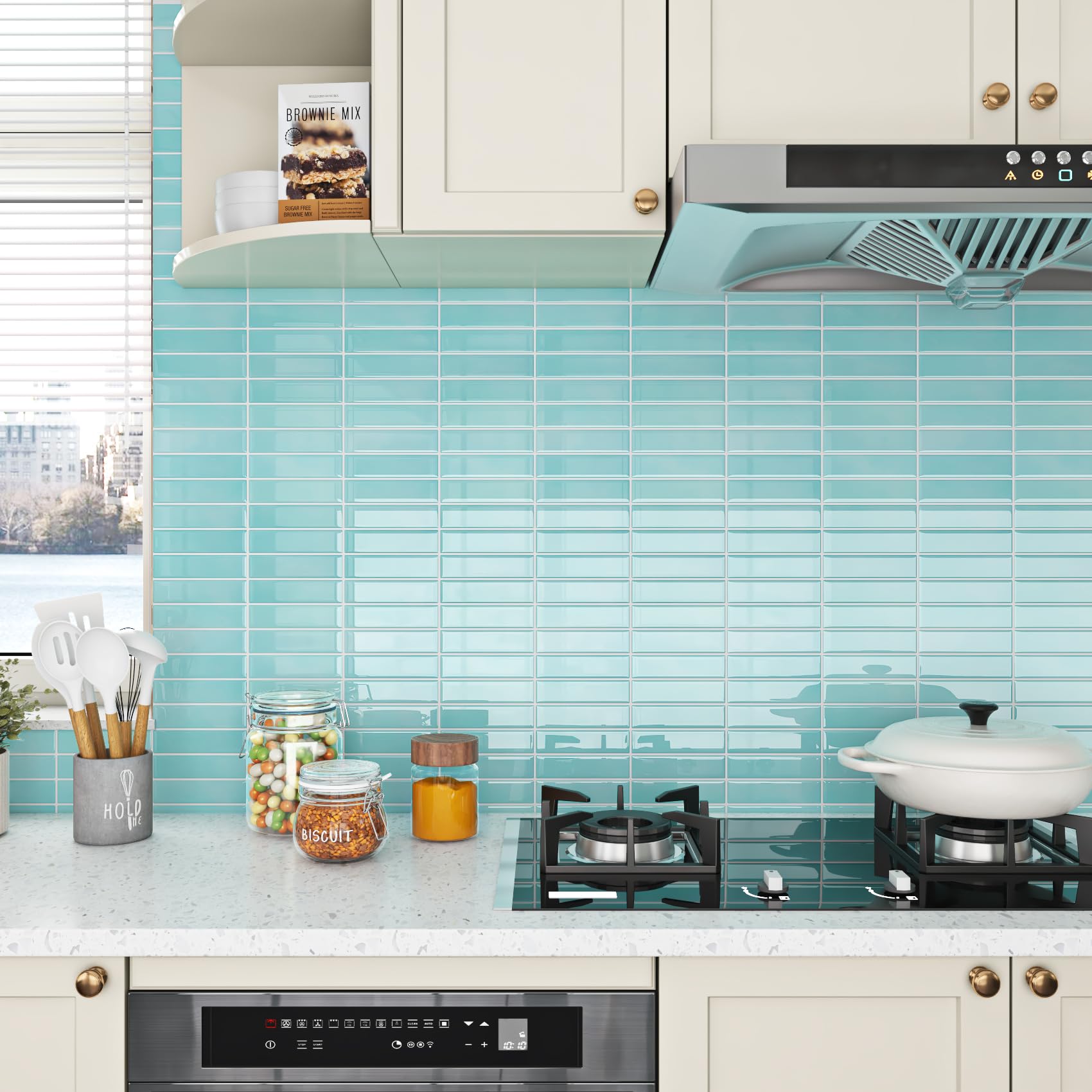 Photo 1 of ReWallpaper 34 Sheets Kitchen Backsplash Tiles Peel and Stick Teal Stick on Tile Green Blue Rectangular Bathroom Tile Adhesive Waterproof Subway Tiles Wall Stickers for Living Room Fireplace 12“x12