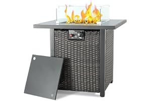 Furnimy Gas Fire Pit Table Outdoor Fire Pit 50,000 BTU Fire Table with Lid Outdoor Wicker Patio Propane Firepit w/Tempered Glass Tabletop, Clear Glass Rocks,Hideaway Tank Holder (Dark Brown)