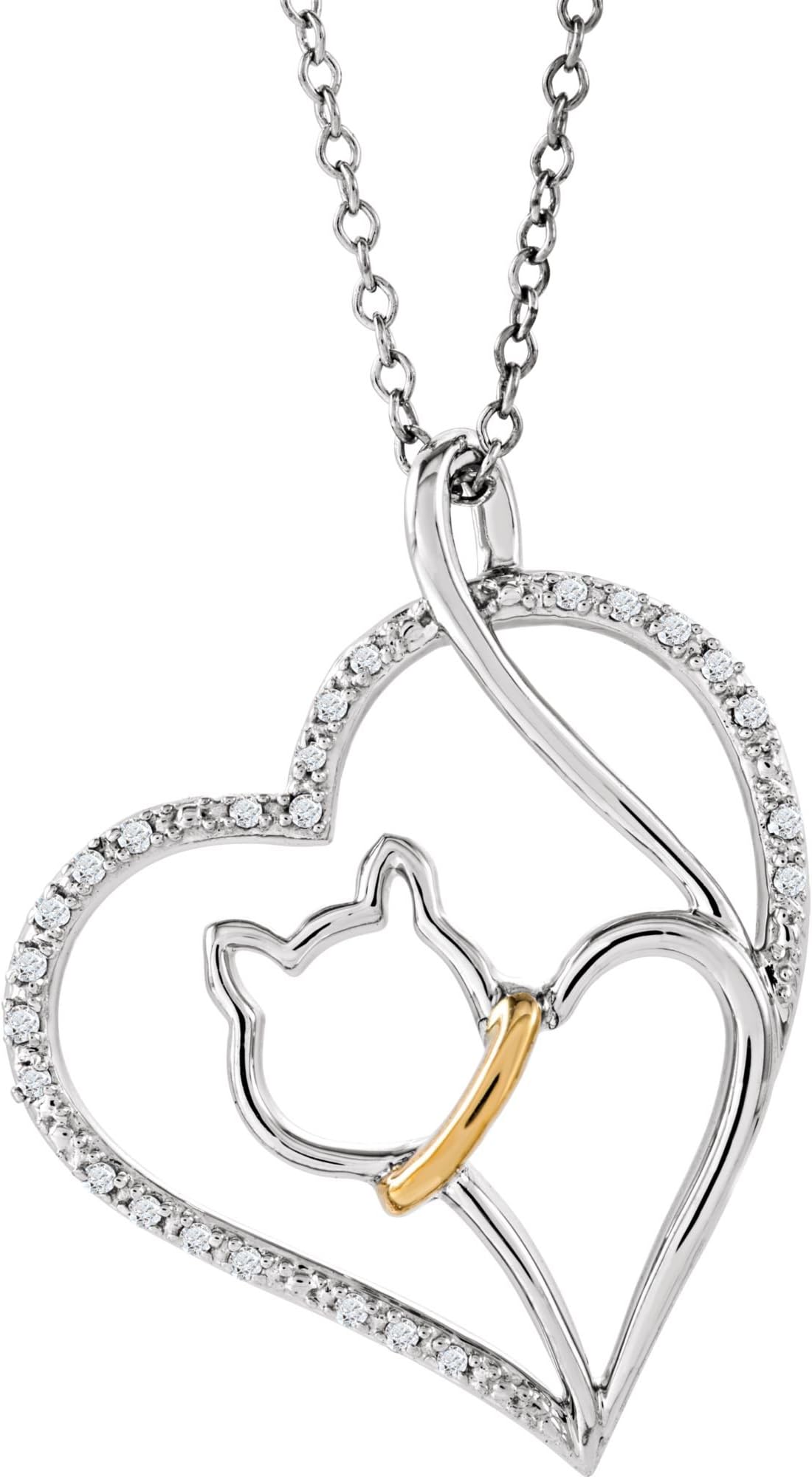 Sterling Silver & 10K Yellow Gold 1/10 CTW Diamond Cat Heart 18" Necklace