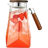 FANKAQI 1.8 Liter 60 oz Glass Pitcher with Wooden Lid & Handle - Heat-Resistant Borosilicate Jug with Trident Star Design, Perfect for Iced Tea, Lemonade, Cold Brew & Party Drinks (Clear, 60 oz)