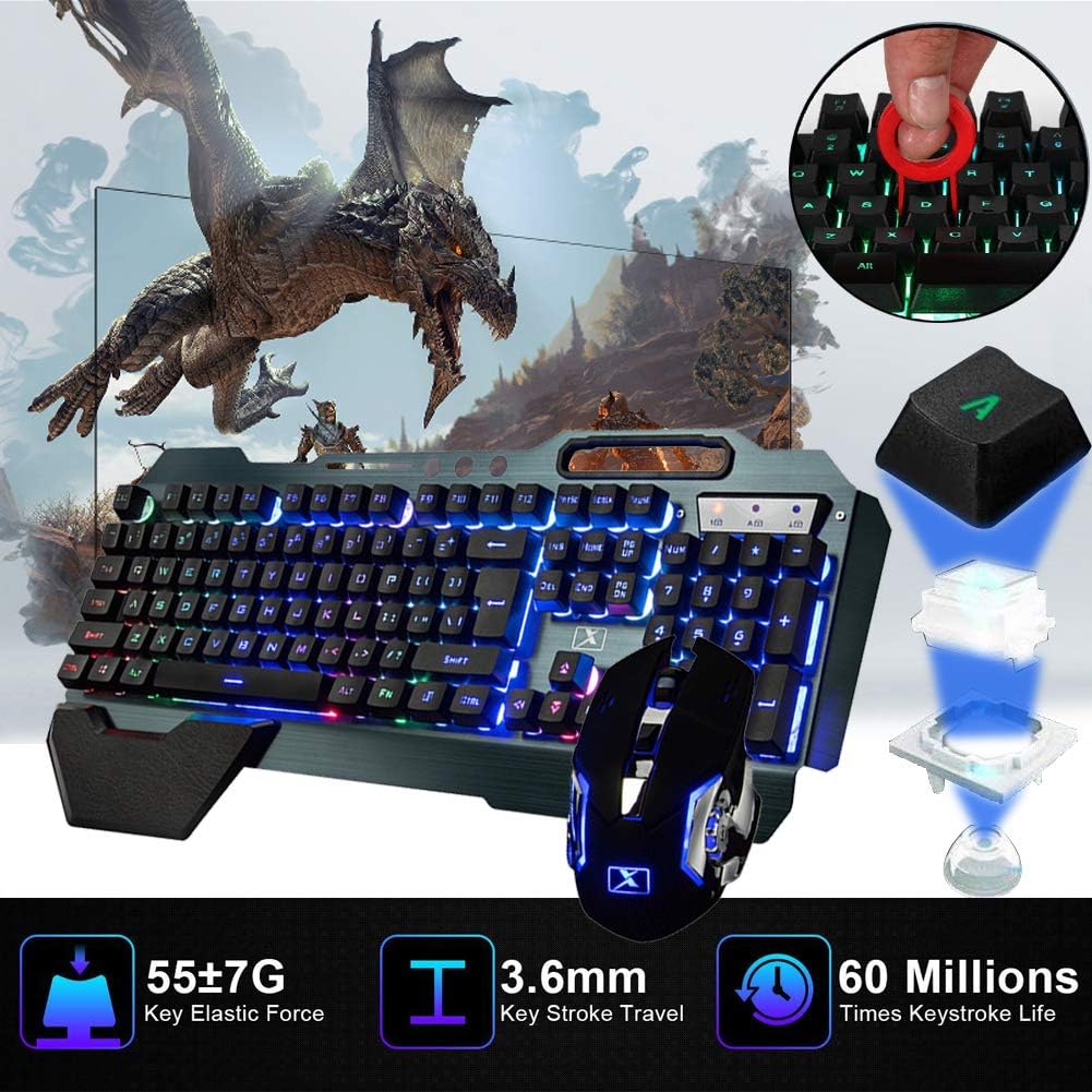 Wireless Gaming Keyboard and Mouse,Rainbow Backlit Rechargeable Keyboard Mouse with 3800mAh Battery Metal Panel,Removable Hand Rest Mechanical Feel Keyboard and 7 Color Gaming Mute Mouse for PC Gamers: Computers & Accessories