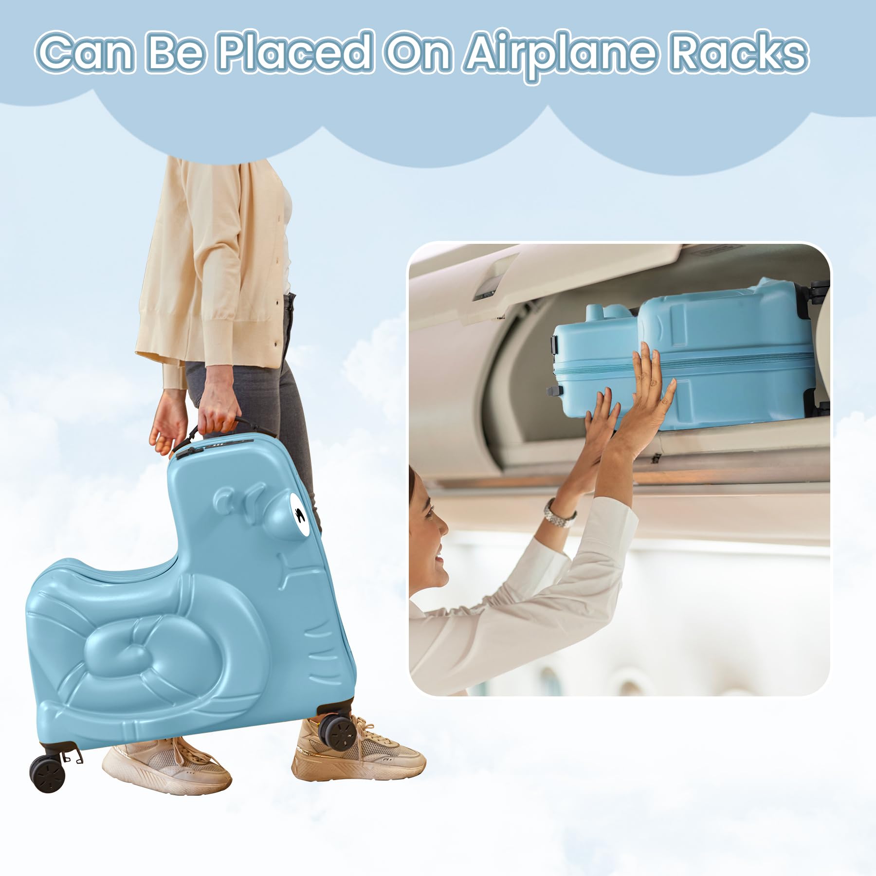 SEA PUNK Kids Luggage, Kids Ride-on Luggage with Spinner Wheels Suitcase, Kid's Ride-On Suitcase Help Your Child Relax, Carry On Trolley Luggage with Password Lock, 22