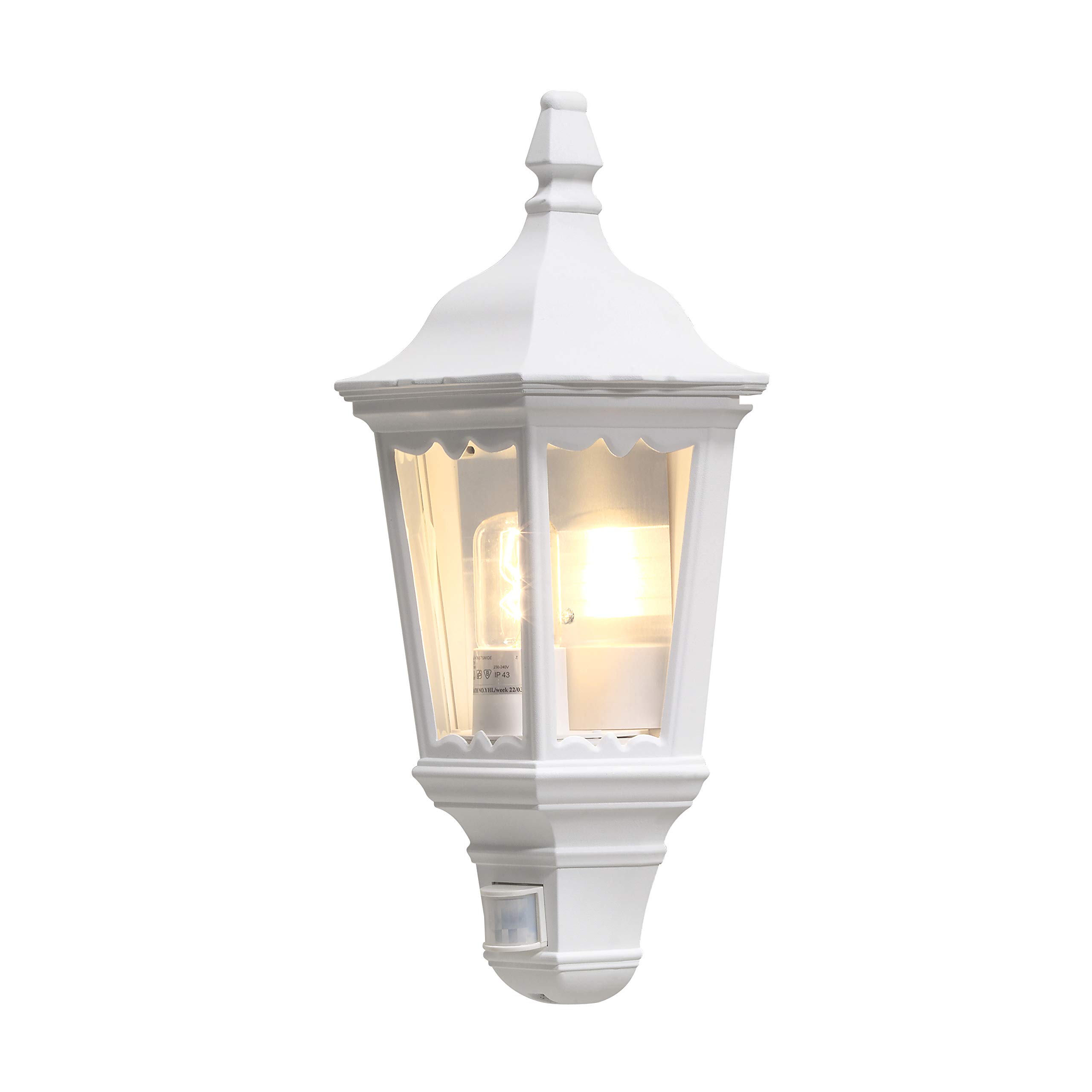 Konstsmide Outdoor Wall Light Mains Powered/Firenze Flush Traditional Lantern with PIR Sensor Motion Detector/1 x 100 W E27 Max Lamp/Clear Acylic Glass/Aluminium/IP43/Outside Light Matt White