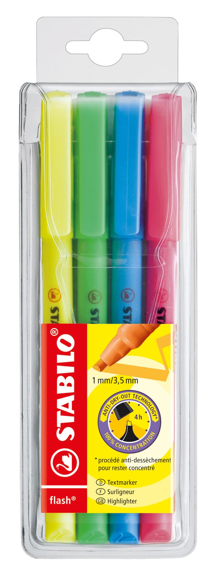 STABILO flash - Highlighter - Pack of 4 - Yellow, Green, Blue, Pink