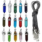 ROYHOO 30PCS/Set DIY Bullet Shape Healing Pointed Chakra Beads Bullet Shape Stone Random Color Beads Pendant for Pendant Necklace Jewelry Making with Black Leather Necklace Chain