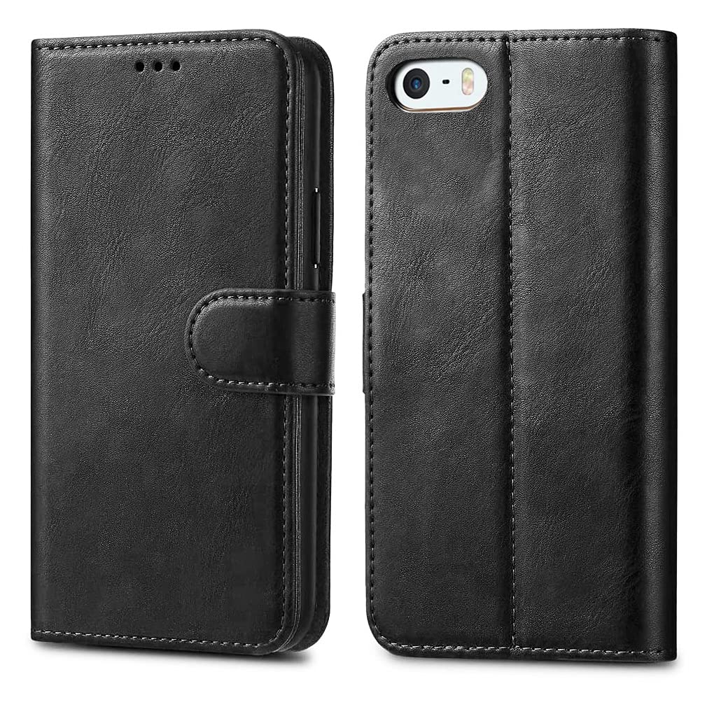GAPlus iPhone SE 5 5S Case Premium Leather Flip Wallet Case Cover Pouch For iPhone SE 5 / 5S and Screen Protector With Polishing Cloth And Stylus (Black) โ image 1