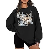 NEWWEN Deer Wilderness Scene Vintage Sweatshirt Women Oversized Nature Camp Shirt Animal Print Outfits Wildlife Winter Tops