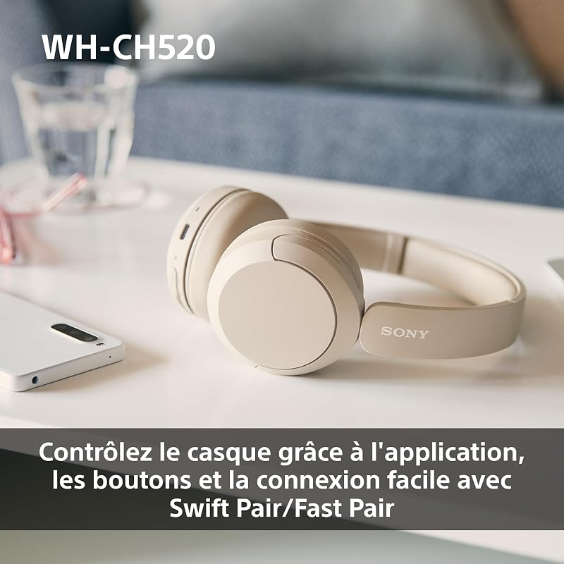 WH-CH520 - Casque Bluetooth sans Fil, Multipoint, Micro intégré - jusqu'à 50 Heures d'autonomie et Charge Rapide - Noir