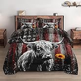 WeCozy Queen Size Comforter Set with 2 Pillowcases, Highland Cow Animal 3 Pcs Bedding for Kids and Adults, Farm American Flag Soft Comforter Set for Bedroom Bed Decor