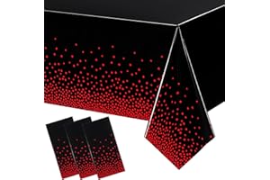 Breling 3 Pieces Dot Tablecloth Confetti Rectangle Plastic Disposable Table Cover for Birthday Wedding Baby Shower Engagement Anniversary Bachelorette Party, 54 x 108 Inch (Black and Red)