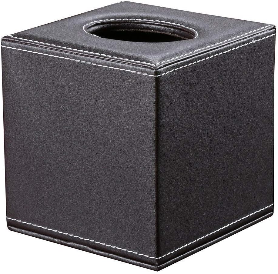 QSEVEN Home Leather Square Tissue Box Cover Holder, Black,Black