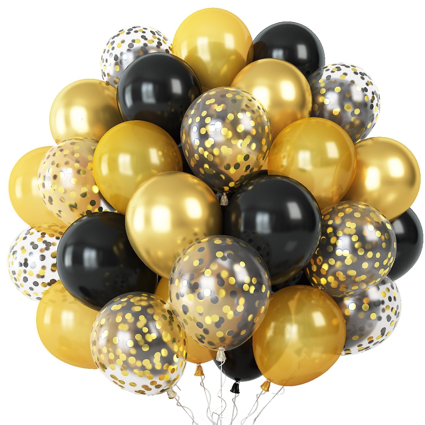 Gold Black Party Balloons Set, 60PCS Metallic Chrome Pearly Latex With Confetti - Black Gold White for Wedding Baby Shower Birthday Decorations