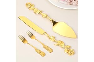 4 Pcs Gold Cake Knife and Server Set with Forks, Wedding Cake Cutting Set, Elegant Gift for Bridal Shower, Anniversary and Bi