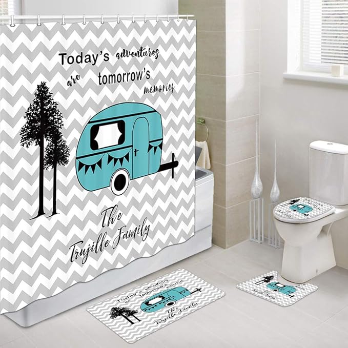 JAWO Retro Camping Shower Curtain Sets with NonSlip Rugs