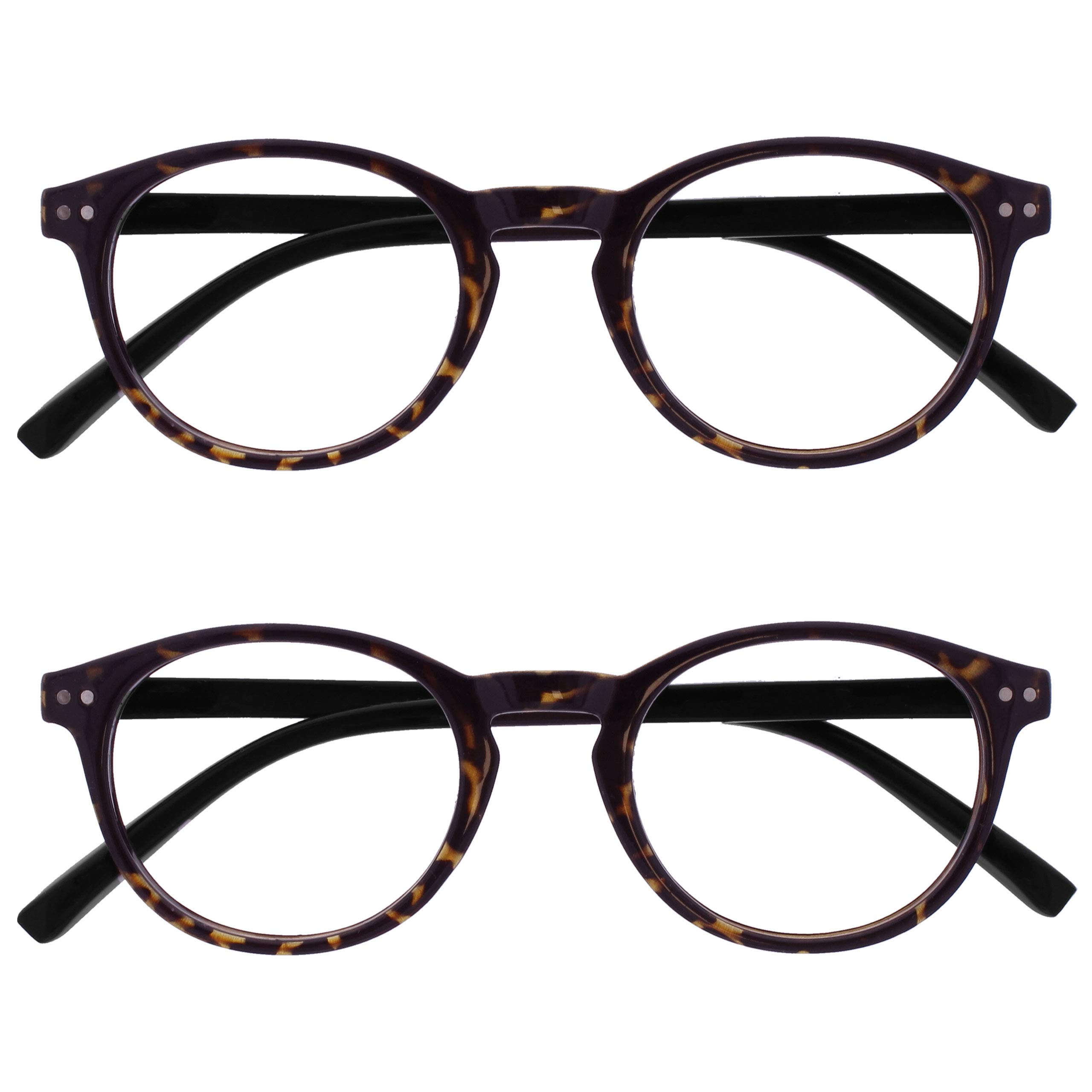 OPULIZE Zen Reading Glasses 2 Pack Cool Round Frame Spring Hinges Scratch Resistant Shiny Dark Brown Tortoiseshelll Mens Womens RR24-2 +1.00