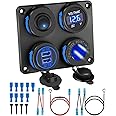 Upgraded 4 in 1 Charger Outlet Socket Panel, Dual QC 3.0 12V USB Power Outlet & Car Voltmeter Gauge & Cigarette Lighter Socket &ON Off Rocker Toggle Switch for Car Marine Boat RV Truck (with Wire)