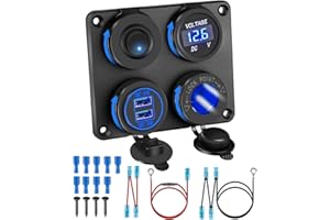 DEPVKO Upgraded 4 in 1 Charger Outlet Socket Panel, Dual QC 3.0 12V USB Power Outlet & Car Voltmeter Gauge & Cigarette Lighter Socket &ON Off Rocker Toggle Switch for Car Marine Boat RV Truck (with Wire)