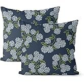 DAFENA Navy Blue Spring Pillow Covers 18x18 Inch 2 Pcs Blue Green Hydrangea Flower Decor Throw Pillows Vintage Floral Seasonal Summer Outdoor Decoration Pillowcase Linen Cushion Cover for Couch Sofa