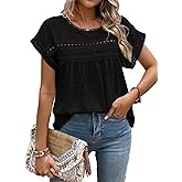 SweatyRocks Women's Crewneck Short Sleeve Blouses Casual Lace Crochet Loose Fit Blouse Shirts Going Out