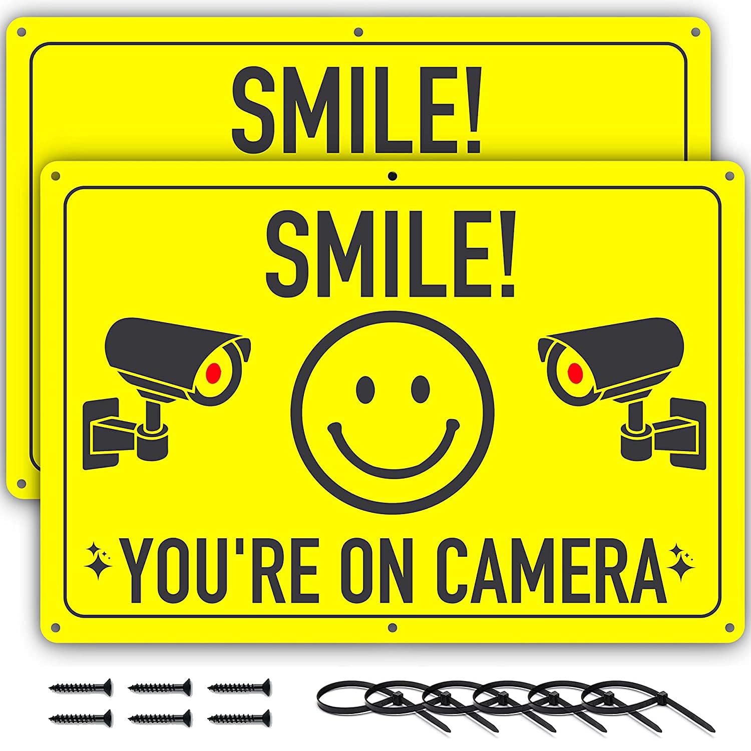 CCTV Sign, Smile You're On Camera Signs - 11.75 X 8 Inch Aluminium - 2 Pack - Ideal for Video Surveillance and Prevent Trespassing on Private Property - Perfect for House, Business, Yard, or Driveway