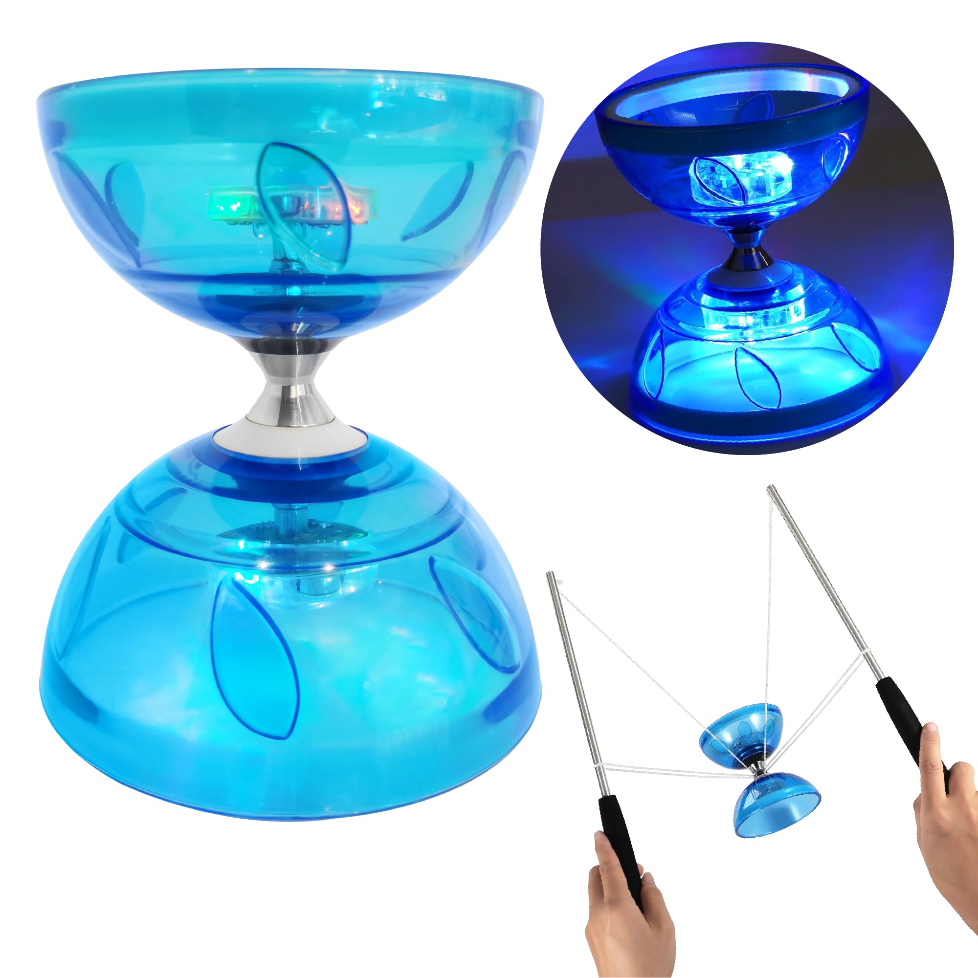 LED Diabolo Toy - Triple Bearing Diablo Circus Toy | Perfect Diablo for Kids & Adults | Light Up Diablo Juggling Set | Professional Kids Diablo for Stunning Performances | Blue Adult Kit
