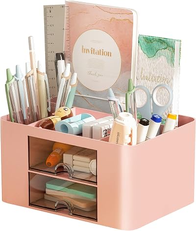 Marbrasse Desk Organiser with Drawers Pink Multifunctional Pen Holder 7