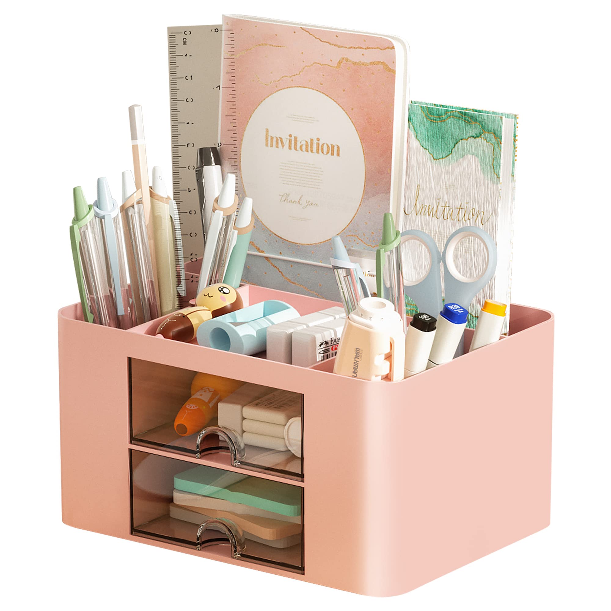 Marbrasse Desk Organiser with Drawers,Multifunctional Pen Holder with 7 Compartments,Stationary Organiser for Home Office Desk and Accessories(Pink)
