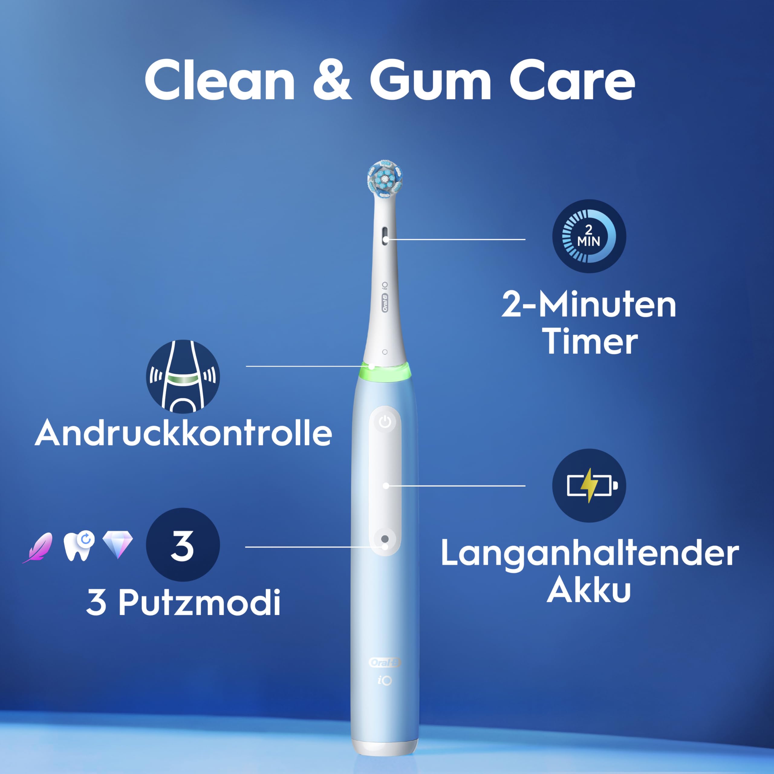 Oral-B iO Series 3 Plus Edition Elektrische Zahnbürste, Electric Toothbrush, PLUS 3 Aufsteckbürsten, 3 Putzmodi für Zahnpflege, Designed by Braun, TESTSIEGER Stiftung Warentest (12/2024), Ice Blau 5