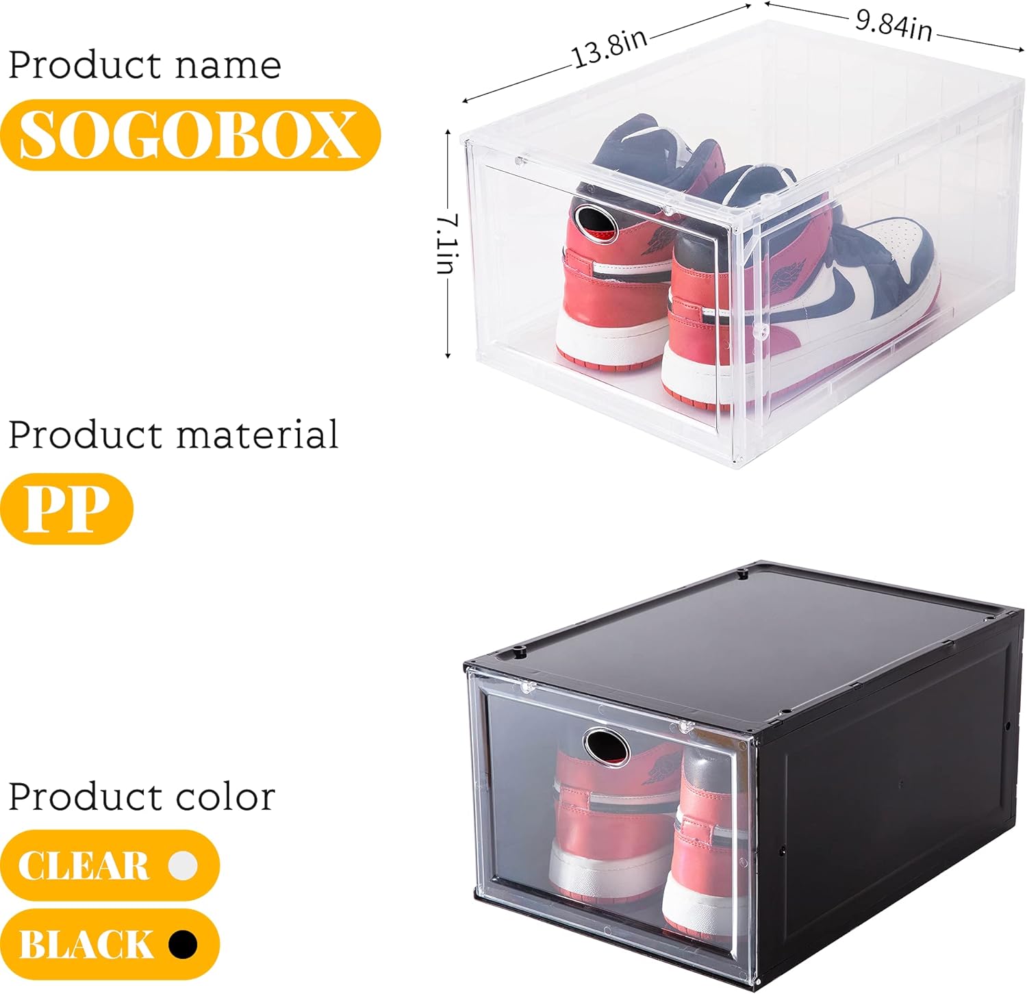 SOGOBOX Drop Front Shoe Box,Set of 6,Shoe Box Clear Plastic Stackable,Shoe Containers with lids,Shoe Storage Box and Shoe Organizer for Display Sneakers,Fit up to US Size 12(13.8”x 9.84”x 7.1”) Clear: Home Improvement