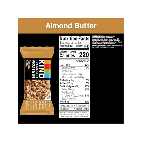 KIND BREAKFAST PROTEIN BARS, ALMOND BUTTER, GLUTEN FREE, LOW SODIUM, HEALTHY SNACKS, 8G PROTEIN, 6 COUNT (6 PACKS OF 2 BARS)