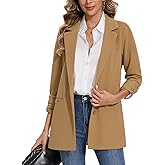 MINTLIMIT Women's Casual Long Blazer 3/4 Ruched Sleeve Lapel Button Front Work Office Blazers Suit Jacket with Pockets
