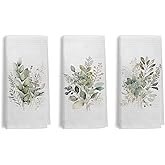 Kemingni Sage Green Eucalyptus Kitchen Towels Set of 3, Watercolor Sage Green Leaf Decorative Hand Towels for Bathroom Kitchen, 16x24 Inches