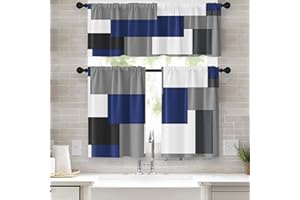 Tayney Navy Blue Geometric Kitchen Curtains Checkered Window Curtains Valance and Tier Set 36 Inch, Black Grey White Short Tier Curtain for Kitchen, Modern Abstract Small Kitchen Decor