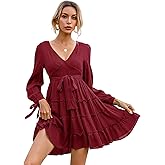 R.Vivimos Women's Cotton Fall Long Sleeves V Neck Tie Waist Casual Layered Ruffles Mini Swing Dresses
