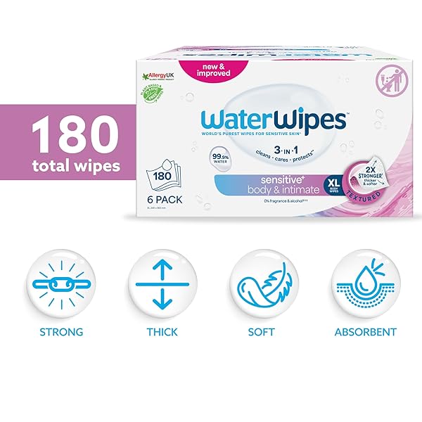 WATERWIPES SENSITIVE+ BODY & INTIMATE WIPES, 3-IN-1 CLEANS, CARES, PROTECTS, 99.9% WATER, UNSCENTED & HYPOALLERGENIC HYGIENE WET WIPES, ADULT CARE,180 WIPES (6 PACKS)