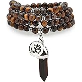 Natural Japa Mala 108 Beads Bracelet Necklace Meditation Accessories with om Chram and Reiki Quartz Hexagonal Prism Pendant