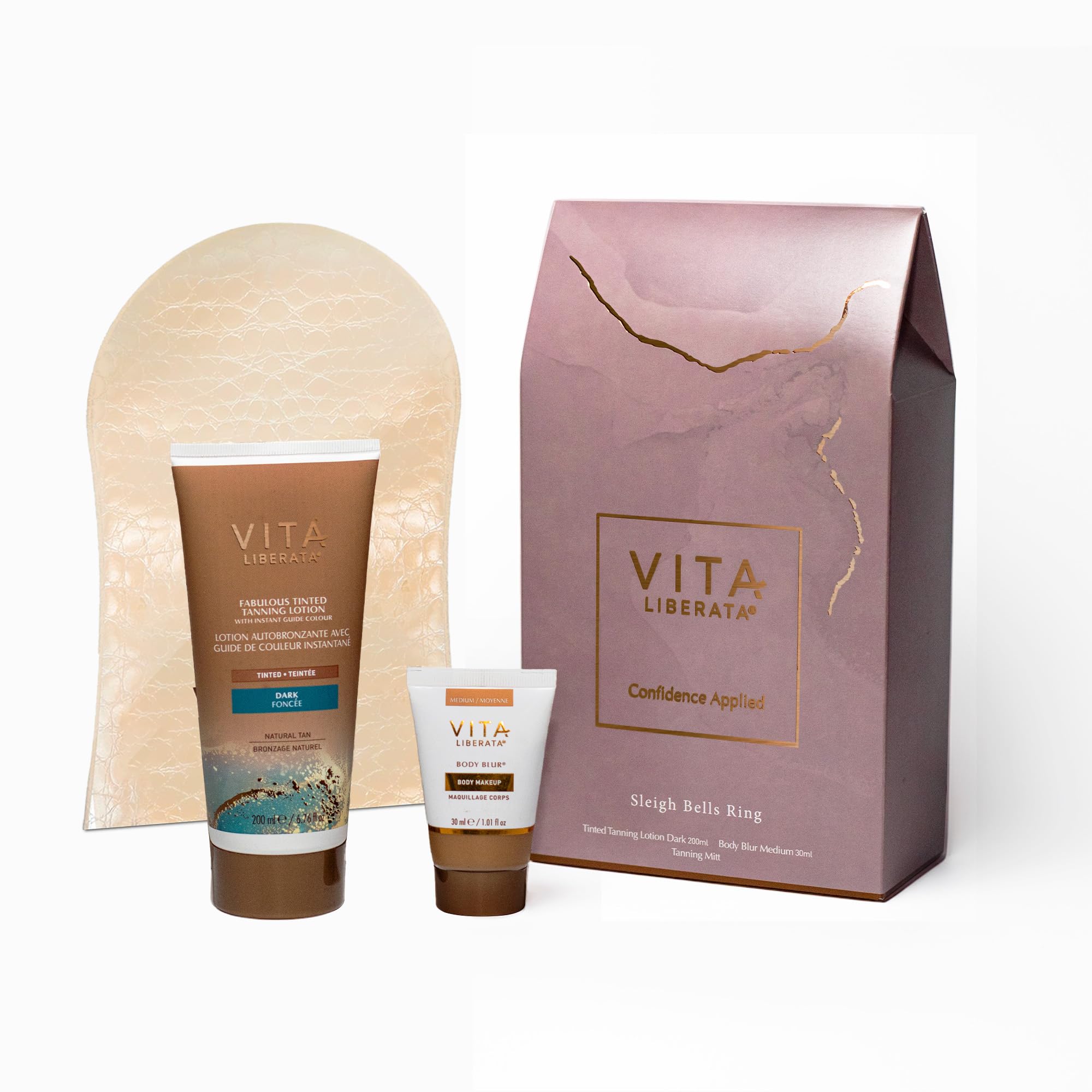 Vita Liberata Tanning Gift Set, Sleigh Bells Ring, Tinted Tanning Lotion Dark, Body Blur Medium, Tanning Mitt, Self Tan Kit, Perfecting Gifting Set for Christmas