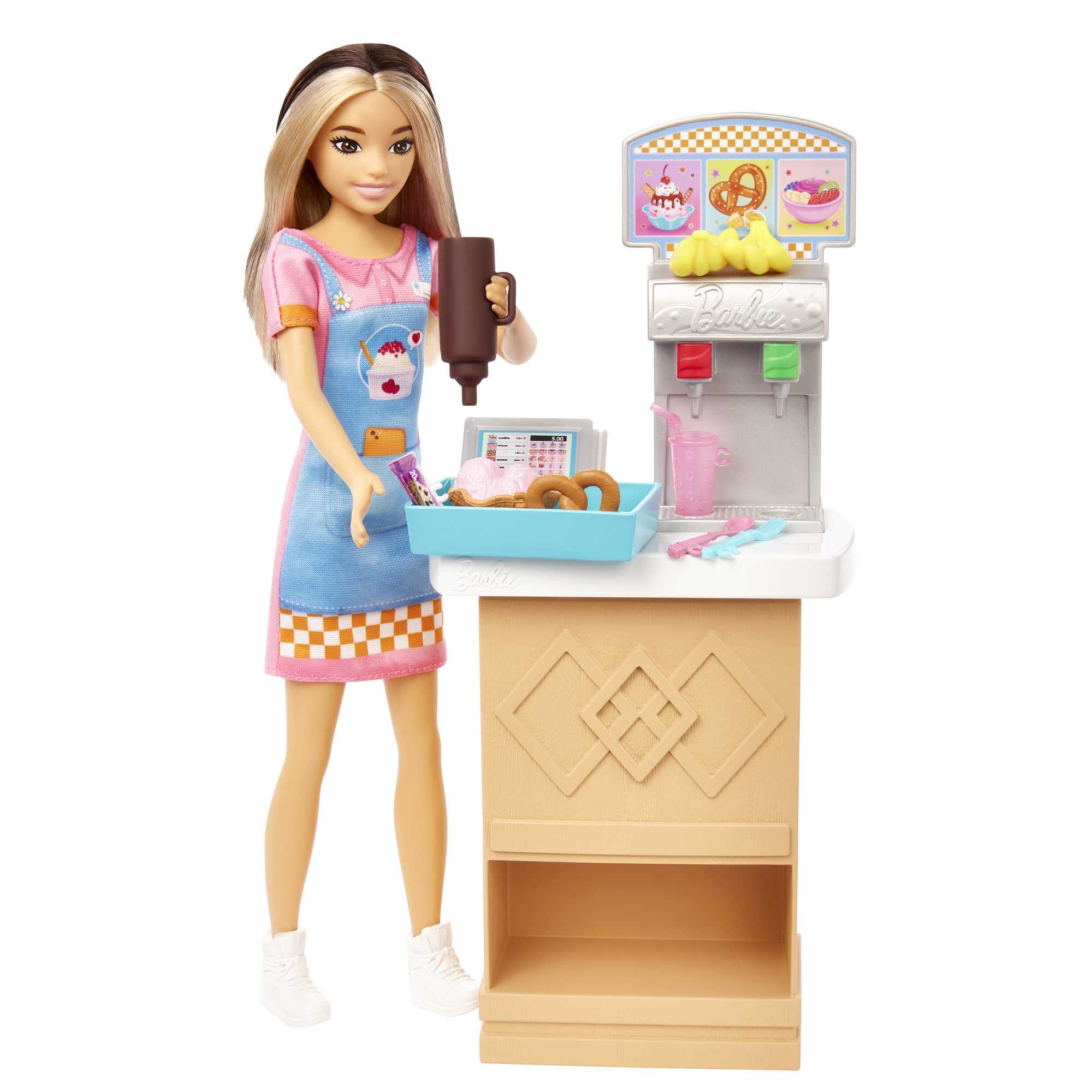 Barbie Toys, Skipper Doll and Snack Bar Playset with Counter, Color-Change Sundae and 8 Additional Accessories, First Jobs, HKD79