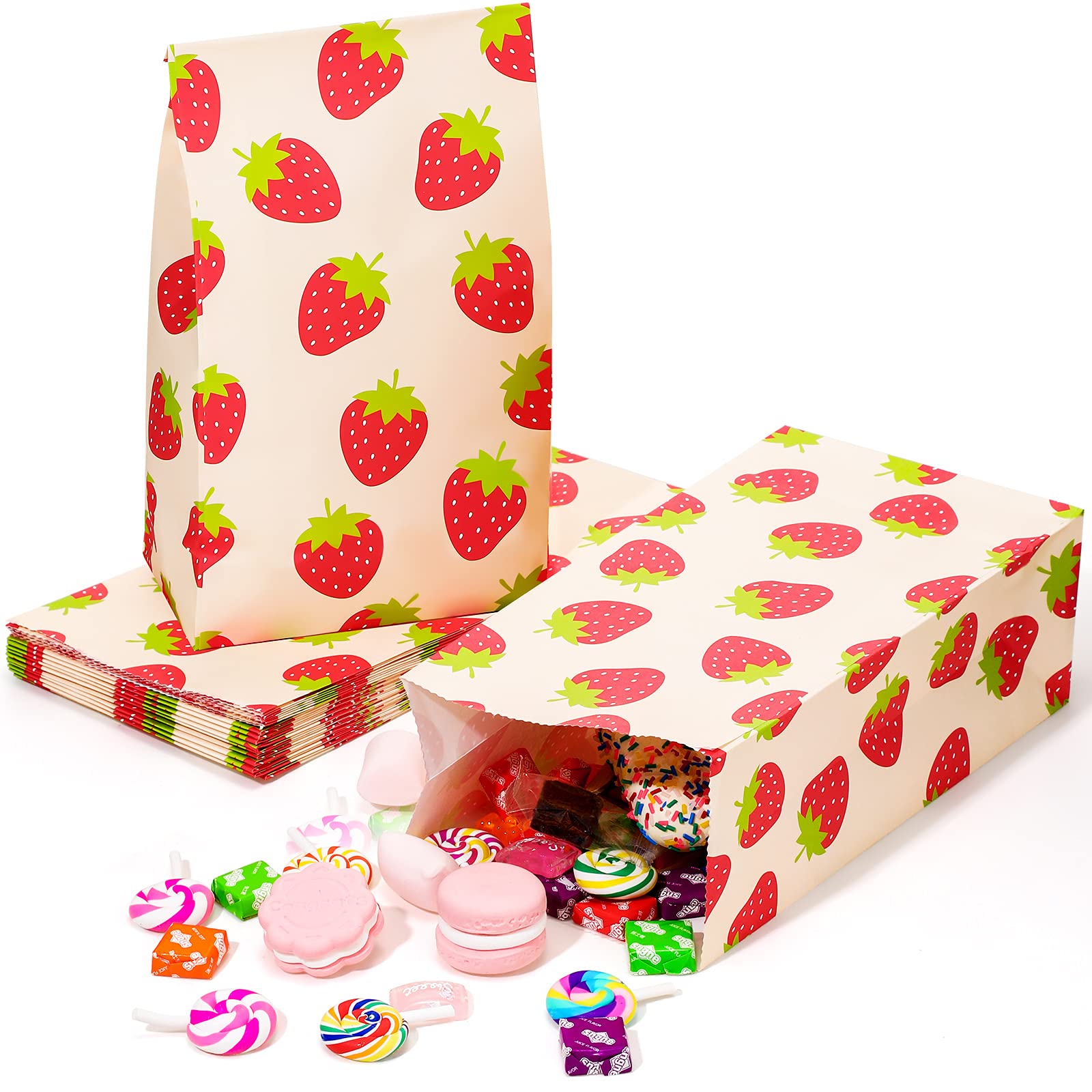 Chrisfall 20 Pieces Strawberry Paper Bags Strawberry Party Favor Paper Bags Strawberry Goodie Bags Snake Candy Treat Bags for Strawberry Themed Birthday Party Decoration Supplies