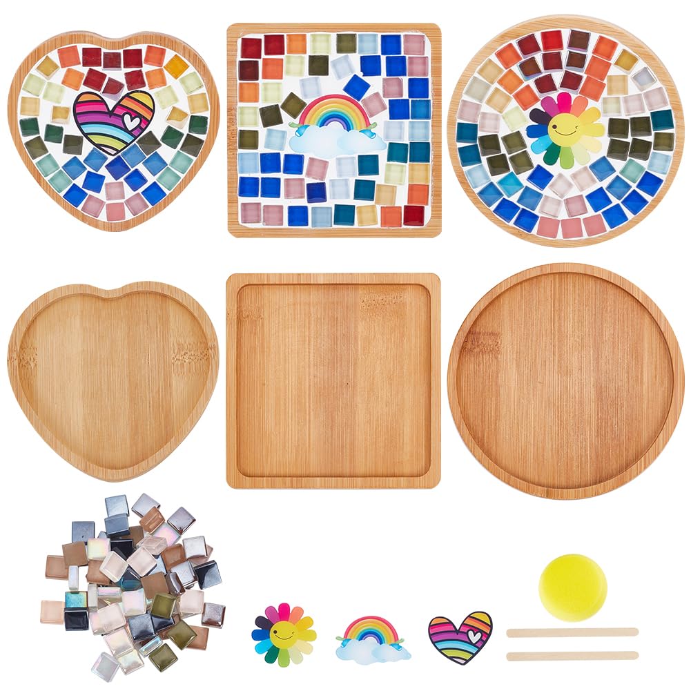 WEBEEDY 3 Set DIY Rainbow Mosaic Coaster Kit Stained Mosaic Glass Pieces DIY Glass Mosaic Tiles for Crafts Drinking Cup Coaster Decorate Your Own Heart Flower and Rainbow Design Coaster