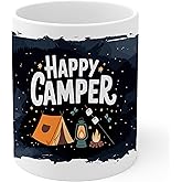 Happy Camper Ceramic Coffee Mug 11oz Outdoor Adventure Camping - Tea Coffee Mug with Comfortable Grip - Unique Fun Gift White Cup for Office or Home - Vibrant Long-Lasting Print ID44991