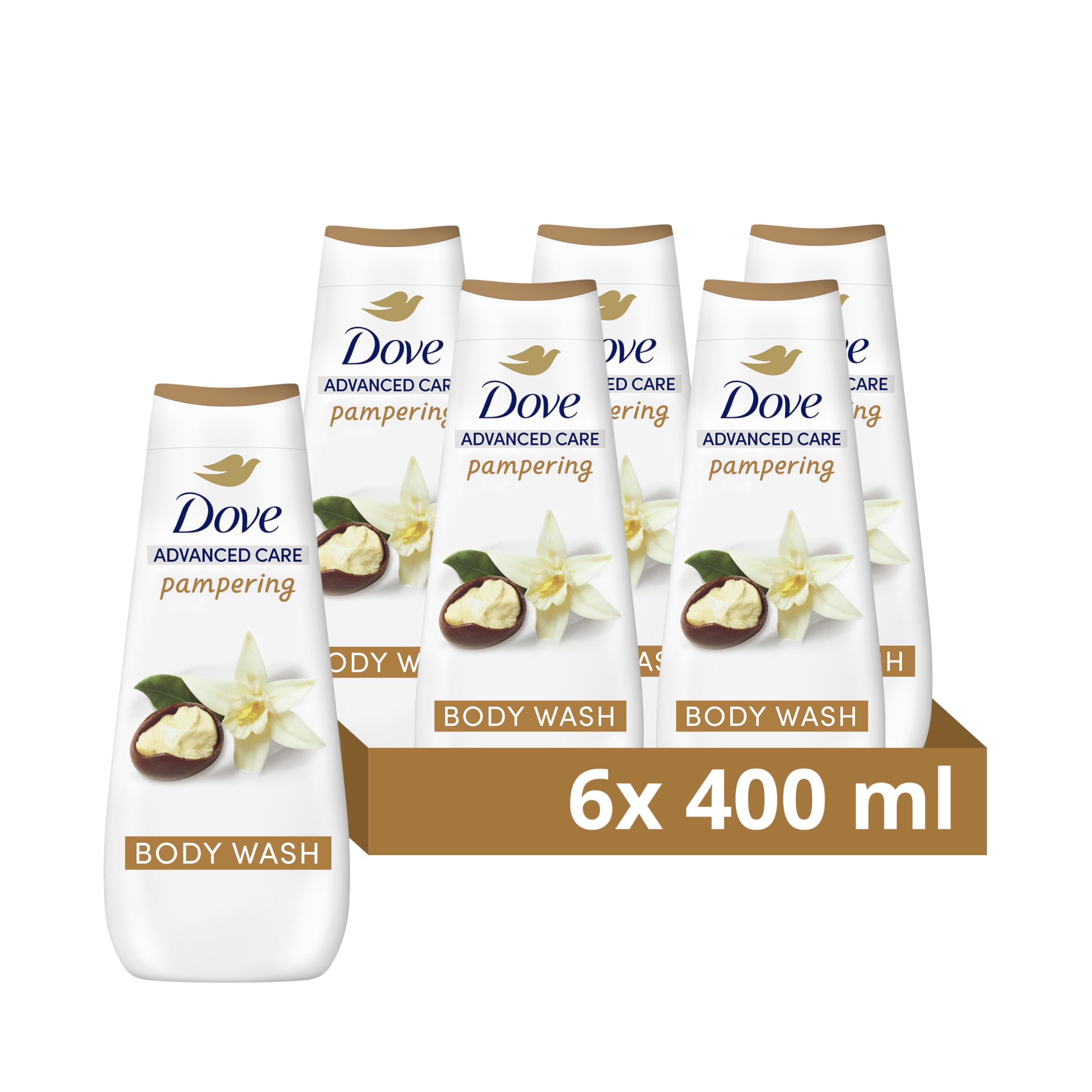 Dove Advanced Care Pampering Body Wash Body Cleanser shower gel with a shea butter & vanilla scent for instantly lotion-soft skin 6x 400 ml