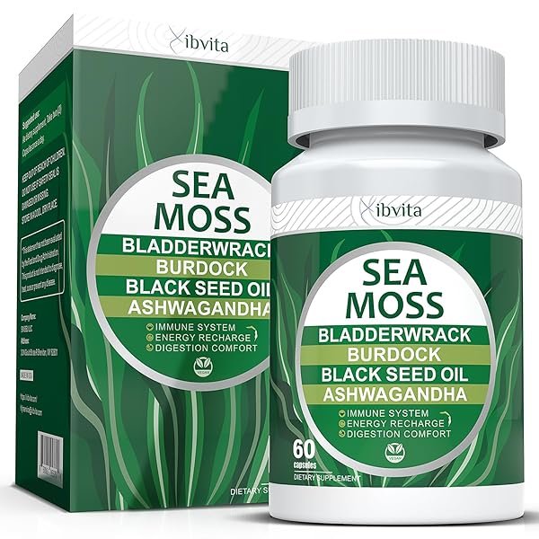 VIBVITA SEA MOSS BLACK SEED OIL CAPSULES – SUPPLEMENTS WITH SEAMOSS, ASHWAGANDHA, BURDOCK ROOT, GINGER & MULTIMINERAL FOR IMMUNE & DIGESTIVE SUPPORT, IMPROVE ENERGY FOR MEN & WOMEN – 60 CAPSULES