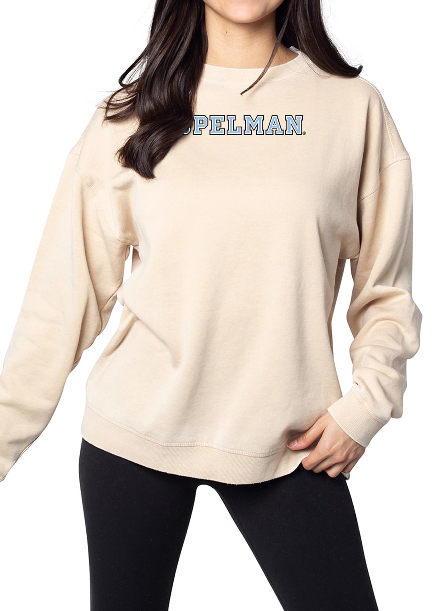 chicka-d Women's Oversized Dropped Shoulder Crewneck Fleece Sweatshirt NCAA Primary Team Icon Neutral, Spelman College, Oatmeal, Medium Image