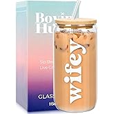 BOYIN HUES Wifey Cup - Cute Bride Gift for Wife, Mrs, Bride to Be - Wedding, Bridal Shower, Engagement & Bachelorette Party Gifts - 16oz Glass Cup w/Lid and Straw