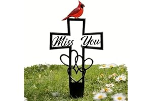 Metal Cemetery Memorial Plaque for Remembrance, Cardinal Memorial Grave Stakes Cross with Miss You Script & Heart Accent, Out